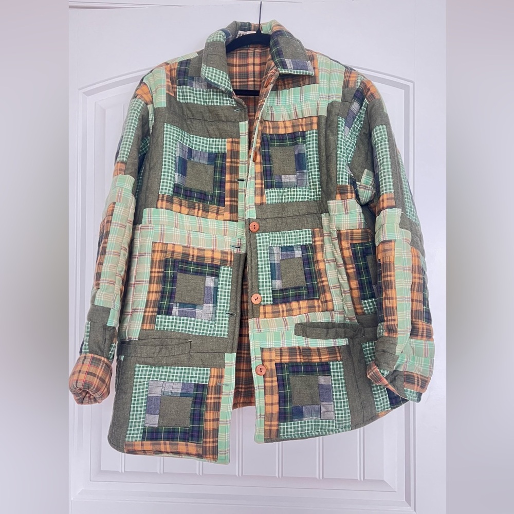 Patch magic unisex reversible button up Tan Plaid Jacket - Picture 2 of 14